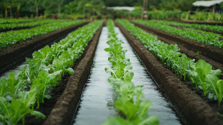 South Asian irrigation system in a vegetable farm, no people, with copy spaceの素材