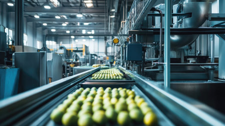 Inside a vegetable processing plant, industrial equipment, no people, copy spaceの素材