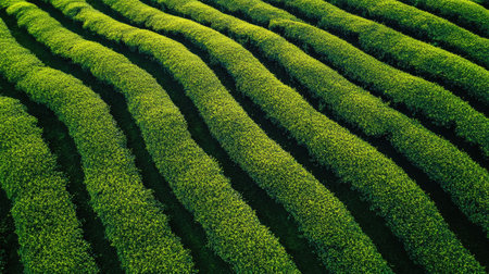 Aerial view of a large tea plantation during harvest, no people, and copy spaceの素材