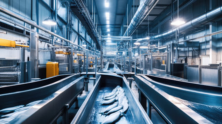 A fish processing facility with large industrial equipment, no people, and copy spaceの素材