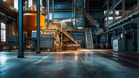 A sugar beet processing facility with industrial equipment, no people, copy spaceの素材