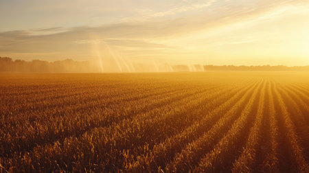 A cornfield being irrigated with large sprinkler systems, no people, copy spacの素材