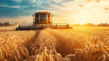 South Asian combine harvester working in a wheat field. No people, copy spaceの素材