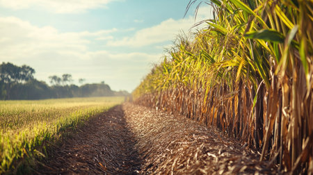 A field of sugarcane being processed, no people, with copy spaceの素材