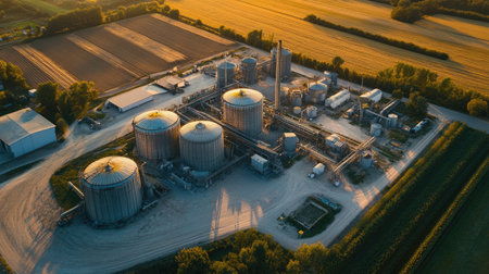 Aerial view of an agricultural processing facility with ample copy spaceの素材