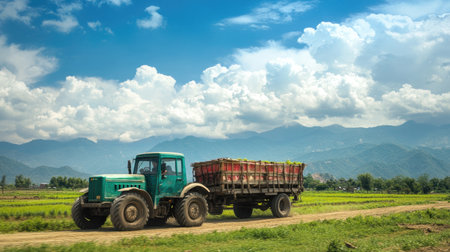 South Asian tractor pulling a trailer in a rural setting. No people, copy spaceの素材