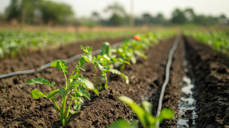 Close-up of a South Asian drip irrigation system in a crop field. No people, copy spaceの素材