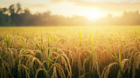 A rice field ready for harvest, no people, with ample space for textの素材