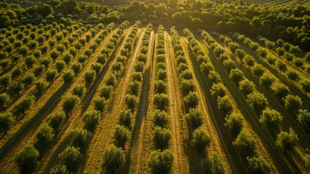 Aerial view of an olive farm with rows of trees, no people, and copy space availableの素材