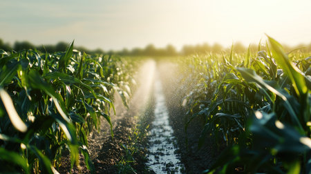 A cornfield being irrigated with large sprinkler systems, no people, copy spaceの素材