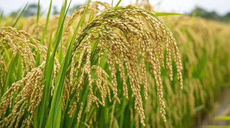 A rice field ready for harvest, no people, with ample space for textの素材