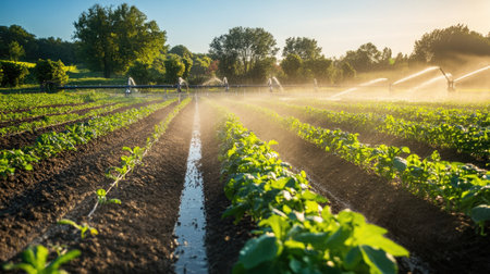 A modern irrigation system watering rows of crops, copy space and no peopleの素材