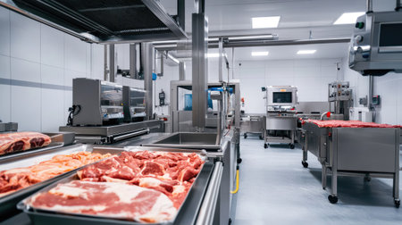 A modern meat processing facility with industrial equipment, no people, copy spaceの素材
