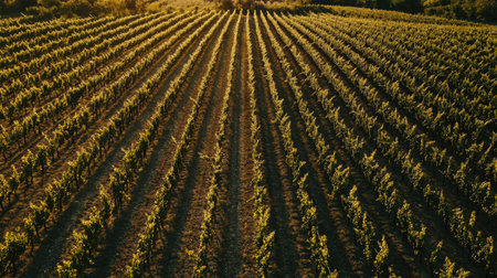 Aerial view of a sprawling vineyard during harvest, no people, copy spaceの素材