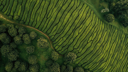Aerial view of a sprawling tea plantation, no people, and ample space for textの素材