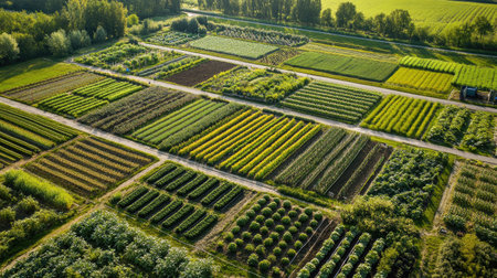 Aerial view of a large vegetable farm, no people, and ample copy spaceの素材