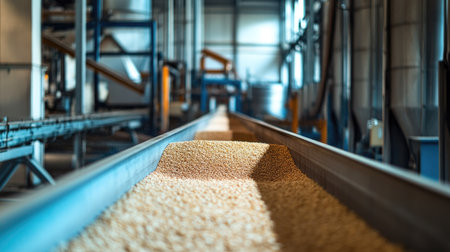 A rice milling plant with conveyor belts, no people, and ample room for textの素材