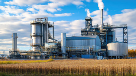 A sugar beet processing facility with industrial equipment, no people, copy spaceの素材