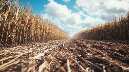 A field of sugarcane being processed, no people, with copy spaceの素材