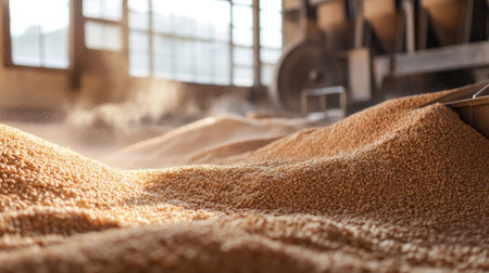 A flour mill grains processed, no people, and copy spaceの素材
