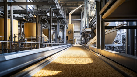 A wheat processing facility with industrial machines, no people, copy spaceの素材