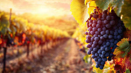 A vineyard with ripe grapes ready for harvest, no people, and ample copy spaceの素材