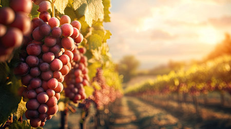 A vineyard with ripe grapes ready for harvest, no people, and ample copy spaceの素材