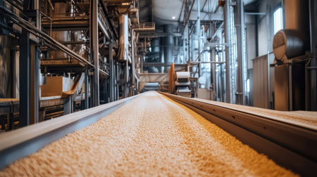 A rice milling plant with conveyor belts, no people, and ample room for textの素材