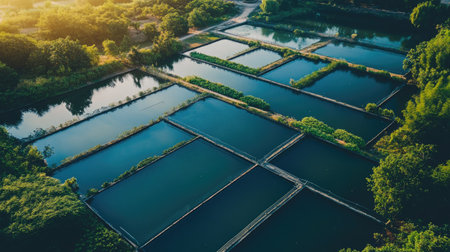 Aerial view of a large fish farm with water channels, no people, copy spaceの素材