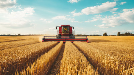 South Asian combine harvester working in a wheat field. No people, copy spaceの素材