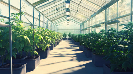 A greenhouse with automated watering systems, no people, and ample copy spaceの素材