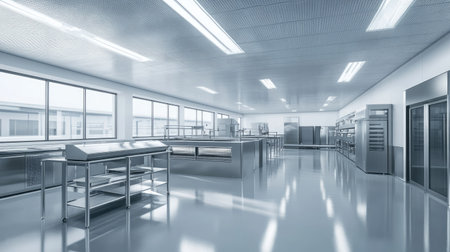 A poultry processing facility with clean and modern equipment, ample copy spaceの素材