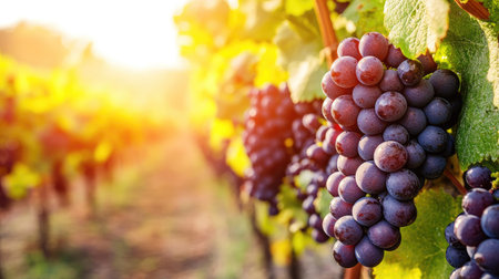 A vineyard with ripe grapes ready for harvest, no people, and ample copy spaceの素材