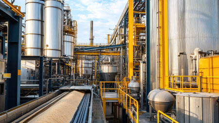 A wheat processing facility with industrial machines, no people, copy spaceの素材