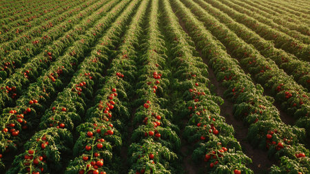 Aerial view of a large tomato farm, no people, and clear space for copyの素材
