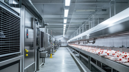 Inside a modern poultry processing plant, no people, and copy space availableの素材