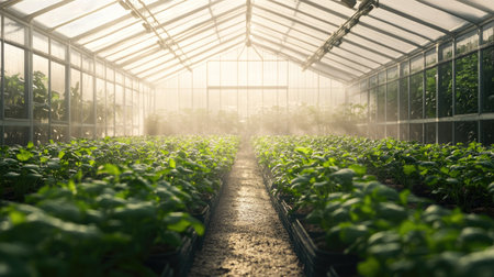 A greenhouse with automated watering systems, no people, and ample copy spaceの素材