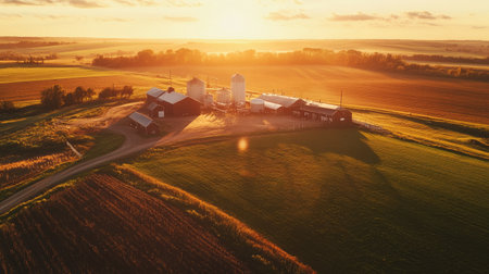 Aerial view of a large dairy farm with clean copy space and no people in sightの素材