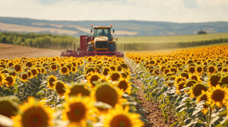 A field of sunflowers during harvest with modern machinery and copy spaceの素材