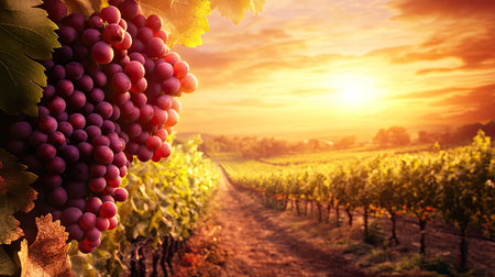 A vineyard with grapes ready for harvest, no people, and copy space availableの素材