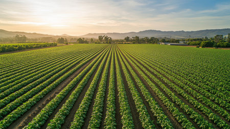 Aerial view of a large vegetable farm, no people, and ample copy spaceの素材