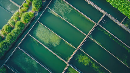 Aerial view of a large fish farm with water channels, no people, copy spaceの素材