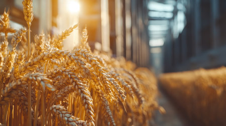 A wheat processing facility with industrial machines, no people, copy spaceの素材