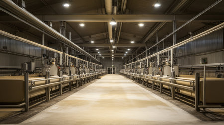 Automated feeding systems in a large dairy farm, no people, and ample space for textの素材