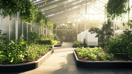A greenhouse with automated watering systems, no people, and ample copy spaceの素材