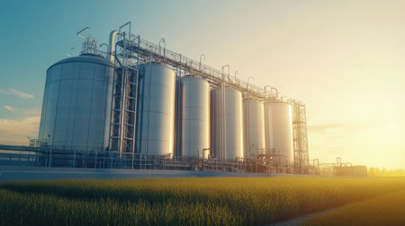 Agricultural processing plant with large steel tanks, no people, and copy spaceの素材
