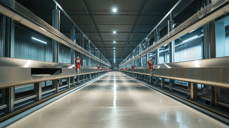 Automated feeding systems in a large dairy farm, no people, and ample space for textの素材