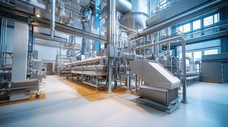 A wheat processing facility with industrial machines, no people, copy spaceの素材