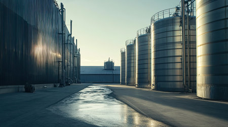 Agricultural processing plant with large steel tanks, no people, and copy spaceの素材