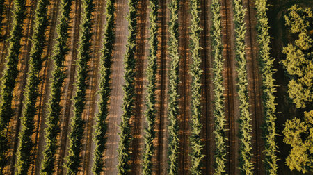 Aerial view of a sprawling vineyard during harvest, no people, copy spaceの素材
